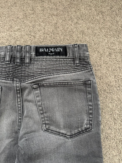 FW15 Balmain by Olivier Rousteing Quilted Zip Biker Denim Jeans