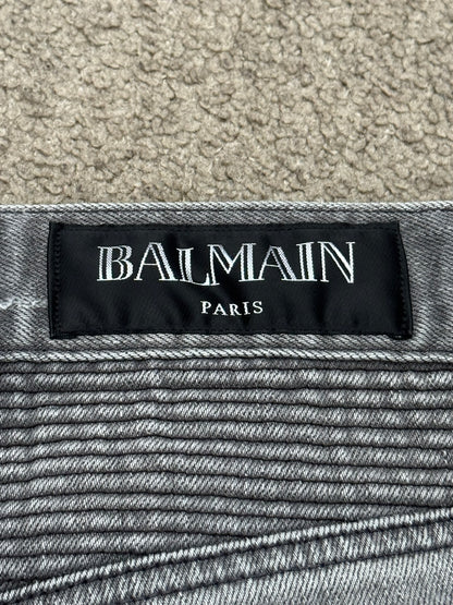 FW15 Balmain by Olivier Rousteing Quilted Zip Biker Denim Jeans