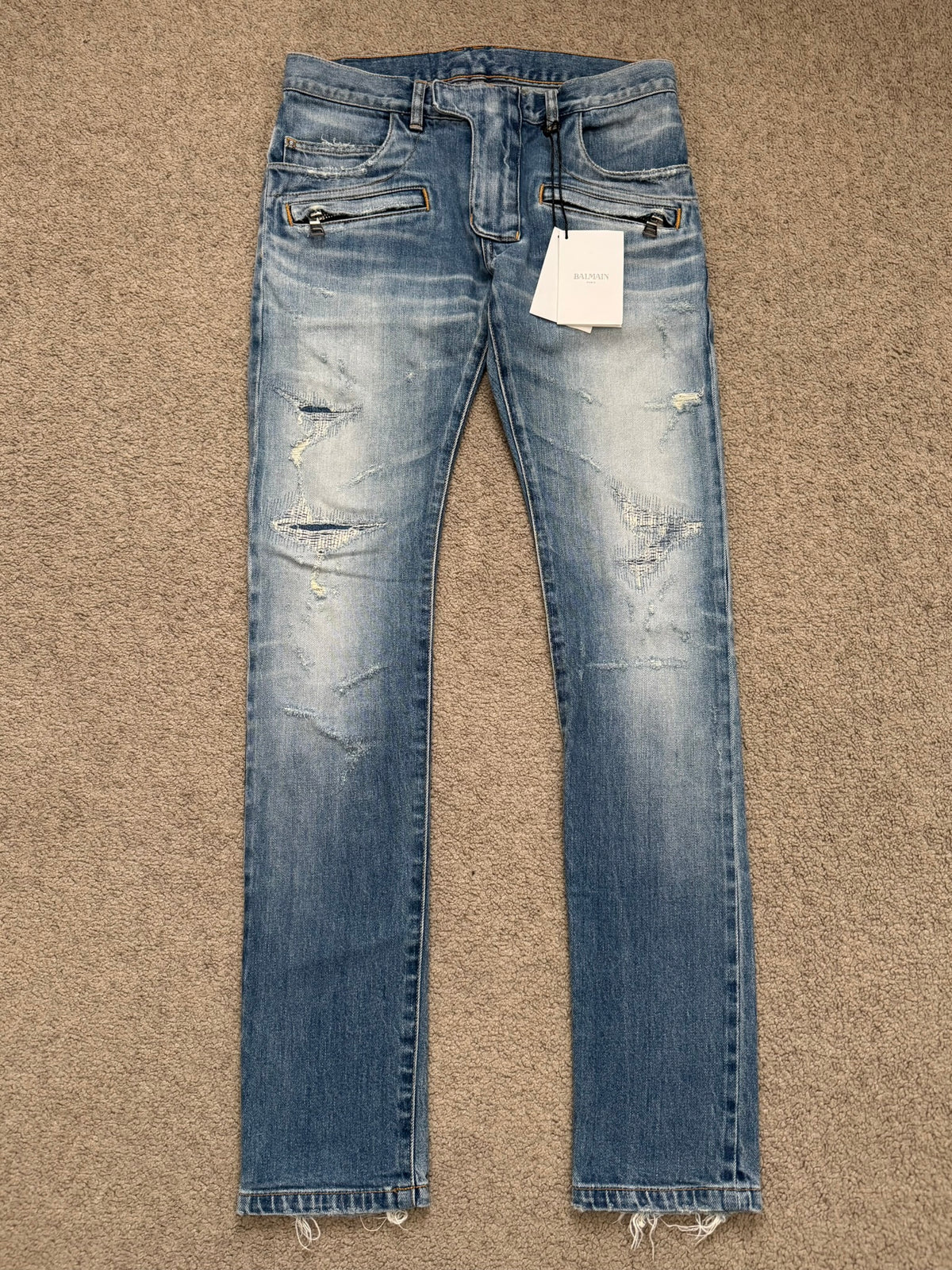 SS17 Balmain by Olivier Rousteing Repaired Zip Biker Denim Jeans