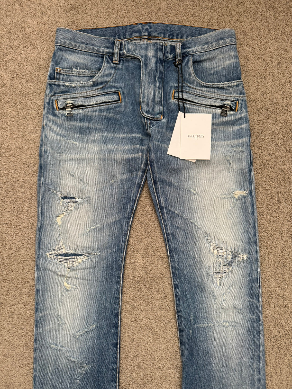 SS17 Balmain by Olivier Rousteing Repaired Zip Biker Denim Jeans
