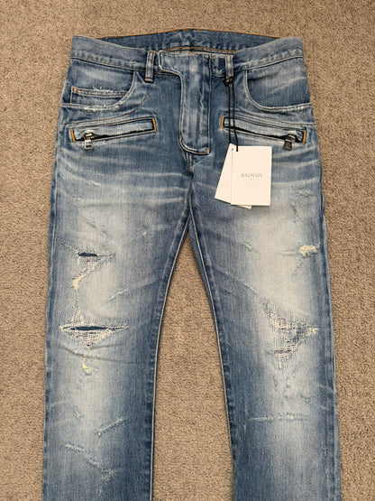 SS17 Balmain by Olivier Rousteing Repaired Zip Biker Denim Jeans