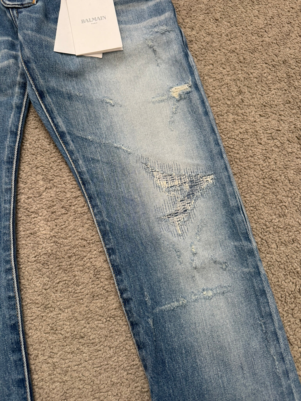 SS17 Balmain by Olivier Rousteing Repaired Zip Biker Denim Jeans