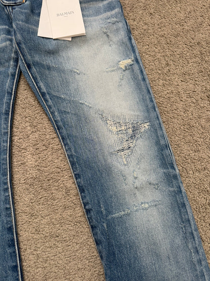 SS17 Balmain by Olivier Rousteing Repaired Zip Biker Denim Jeans