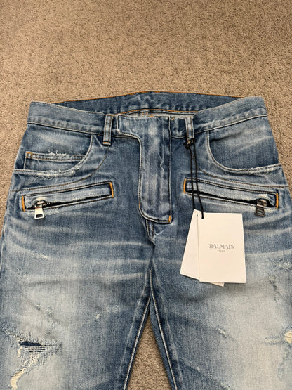 SS17 Balmain by Olivier Rousteing Repaired Zip Biker Denim Jeans