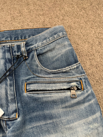 SS17 Balmain by Olivier Rousteing Repaired Zip Biker Denim Jeans