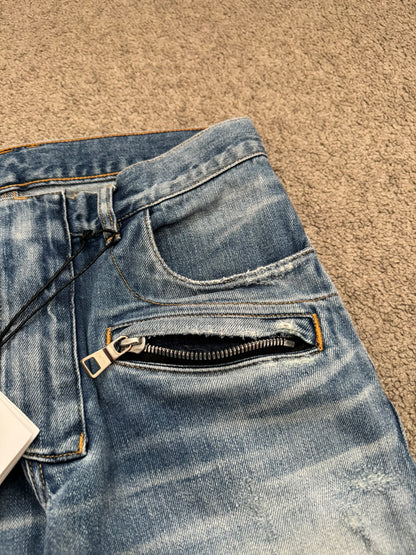 SS17 Balmain by Olivier Rousteing Repaired Zip Biker Denim Jeans