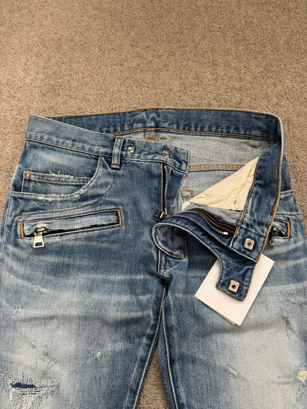 SS17 Balmain by Olivier Rousteing Repaired Zip Biker Denim Jeans