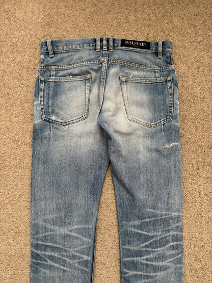 SS17 Balmain by Olivier Rousteing Repaired Zip Biker Denim Jeans