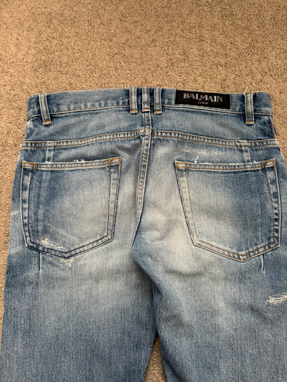 SS17 Balmain by Olivier Rousteing Repaired Zip Biker Denim Jeans