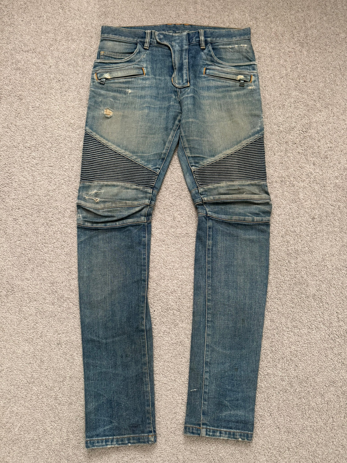 FW14 Balmain by Olivier Rousteing Washed Zip Biker Denim Jeans