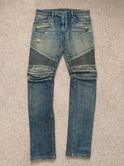 FW14 Balmain by Olivier Rousteing Washed Zip Biker Denim Jeans
