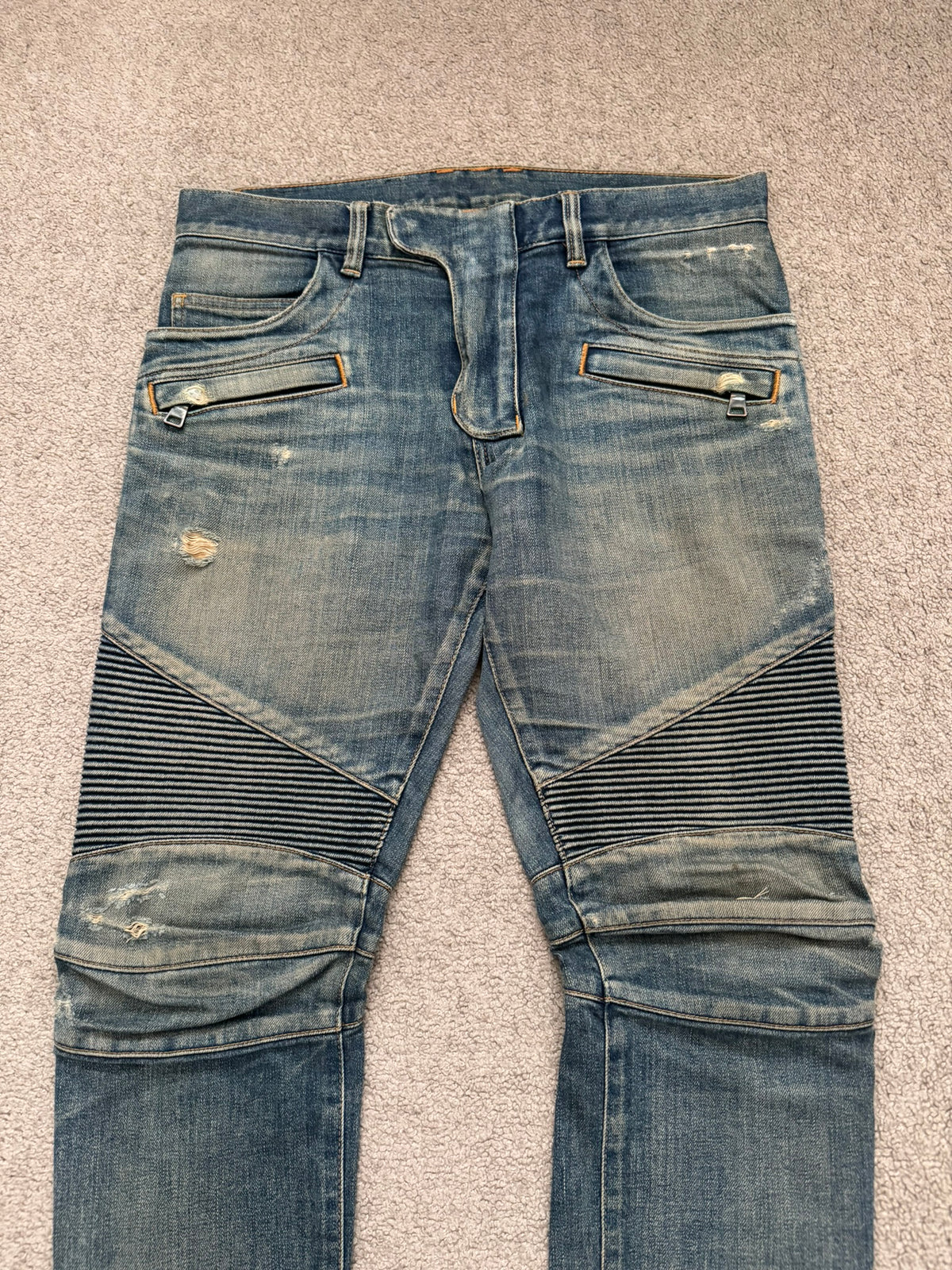 FW14 Balmain by Olivier Rousteing Washed Zip Biker Denim Jeans
