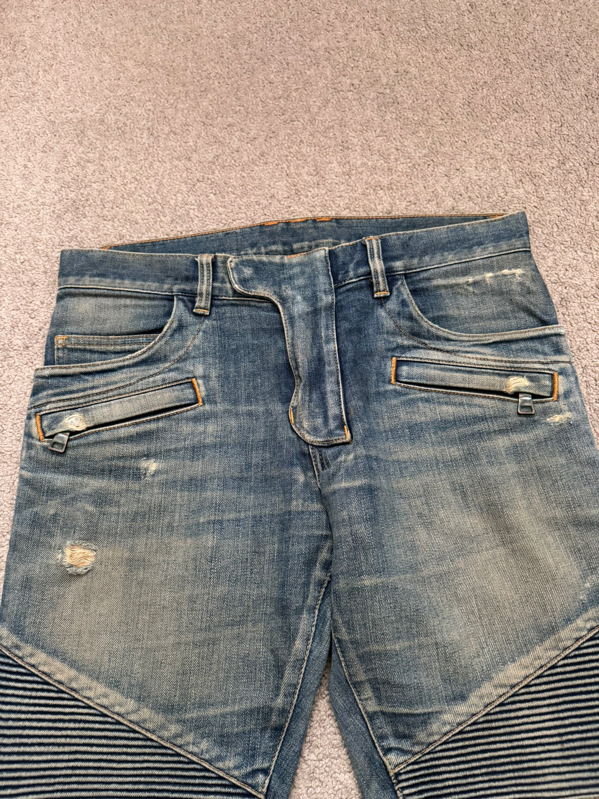 FW14 Balmain by Olivier Rousteing Washed Zip Biker Denim Jeans