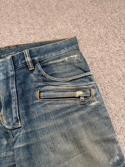 FW14 Balmain by Olivier Rousteing Washed Zip Biker Denim Jeans