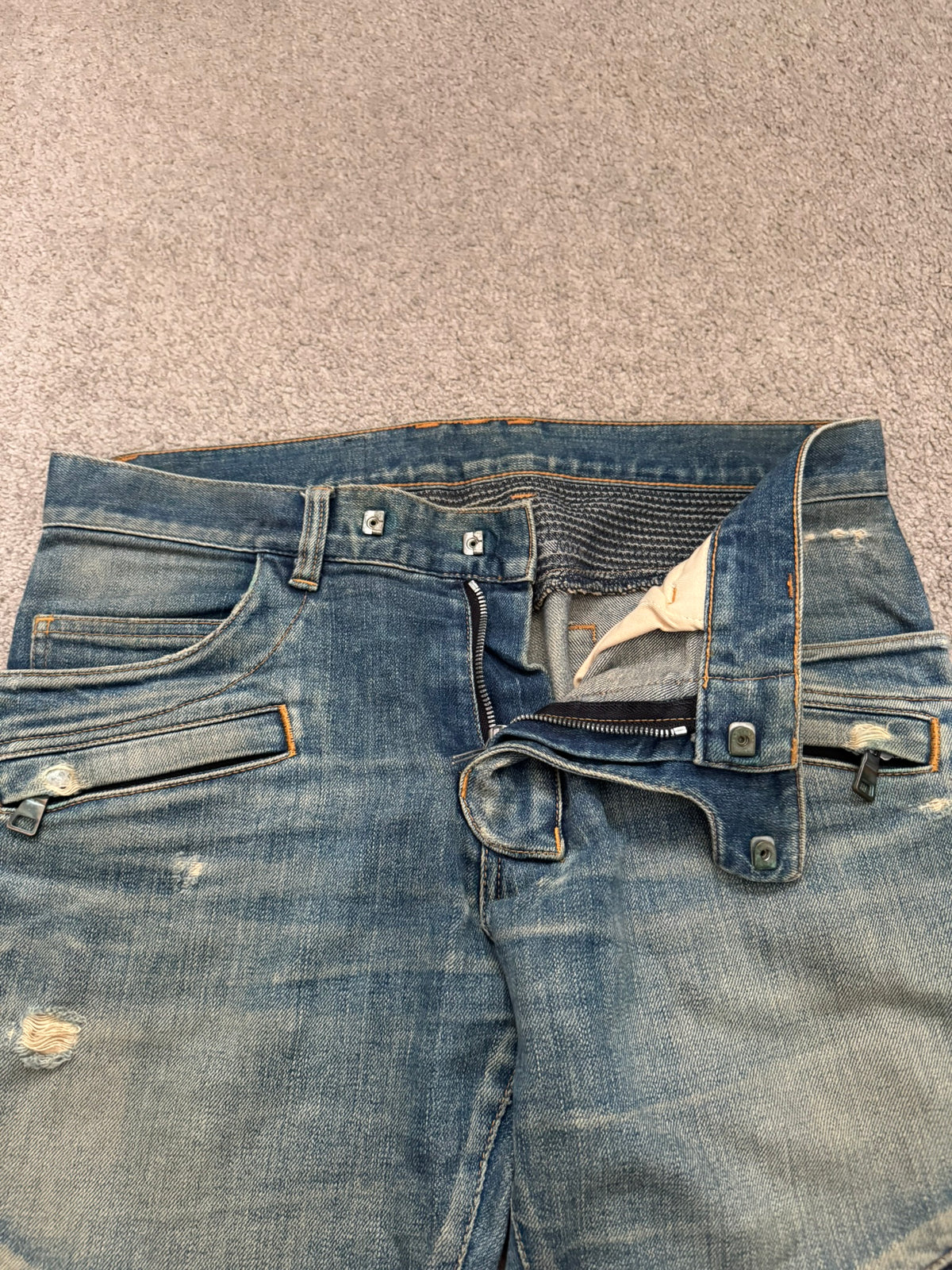 FW14 Balmain by Olivier Rousteing Washed Zip Biker Denim Jeans