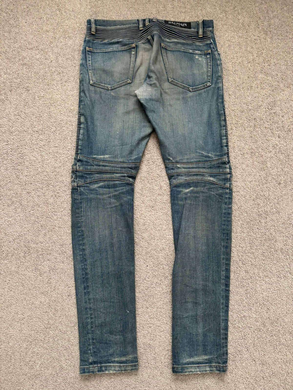 FW14 Balmain by Olivier Rousteing Washed Zip Biker Denim Jeans