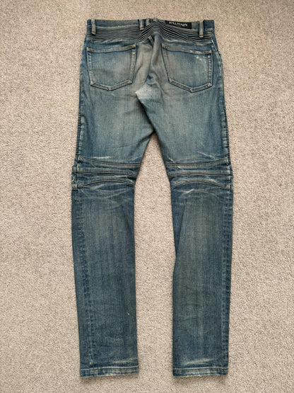 FW14 Balmain by Olivier Rousteing Washed Zip Biker Denim Jeans