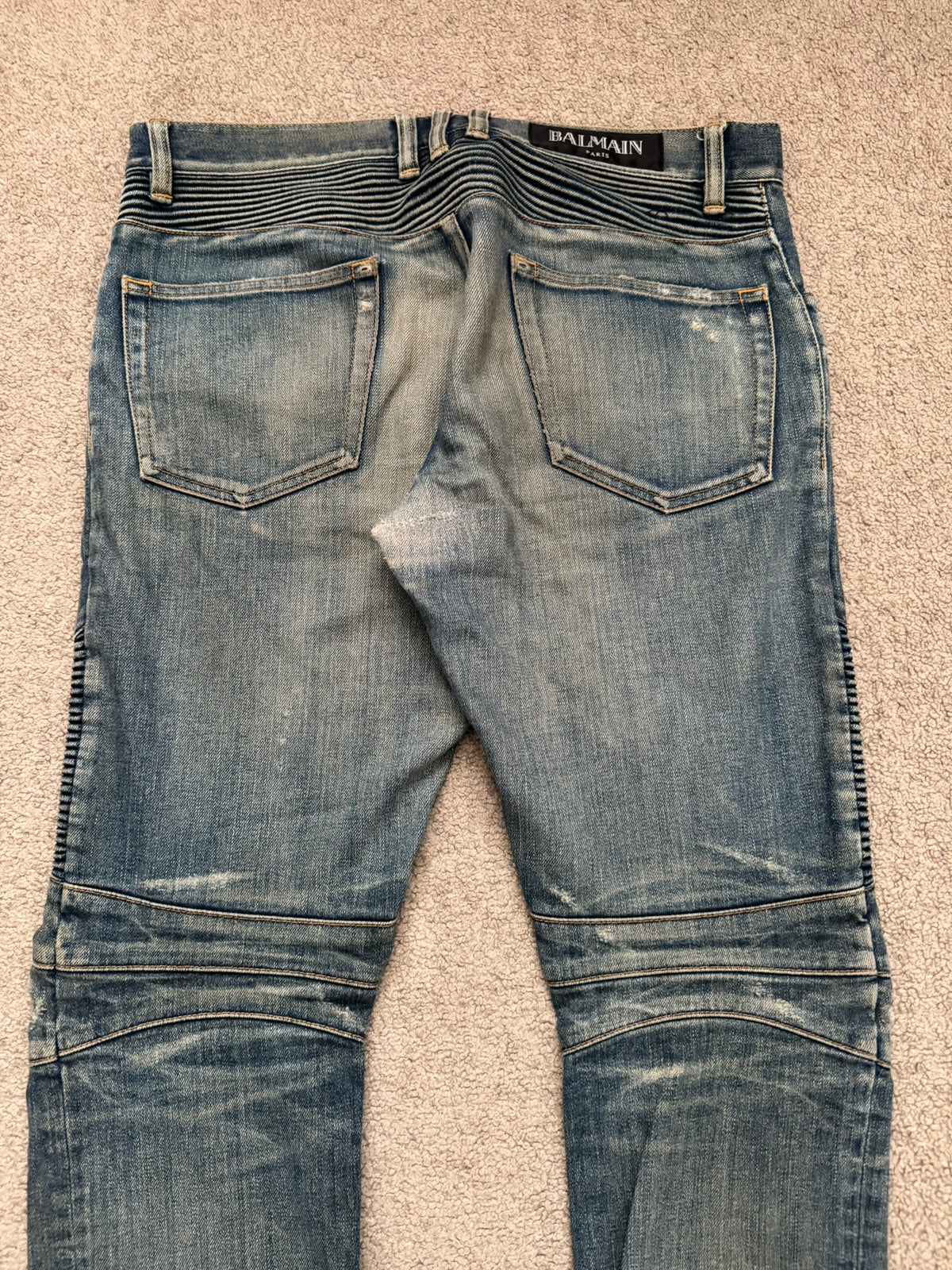 FW14 Balmain by Olivier Rousteing Washed Zip Biker Denim Jeans