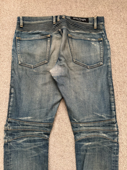 FW14 Balmain by Olivier Rousteing Washed Zip Biker Denim Jeans