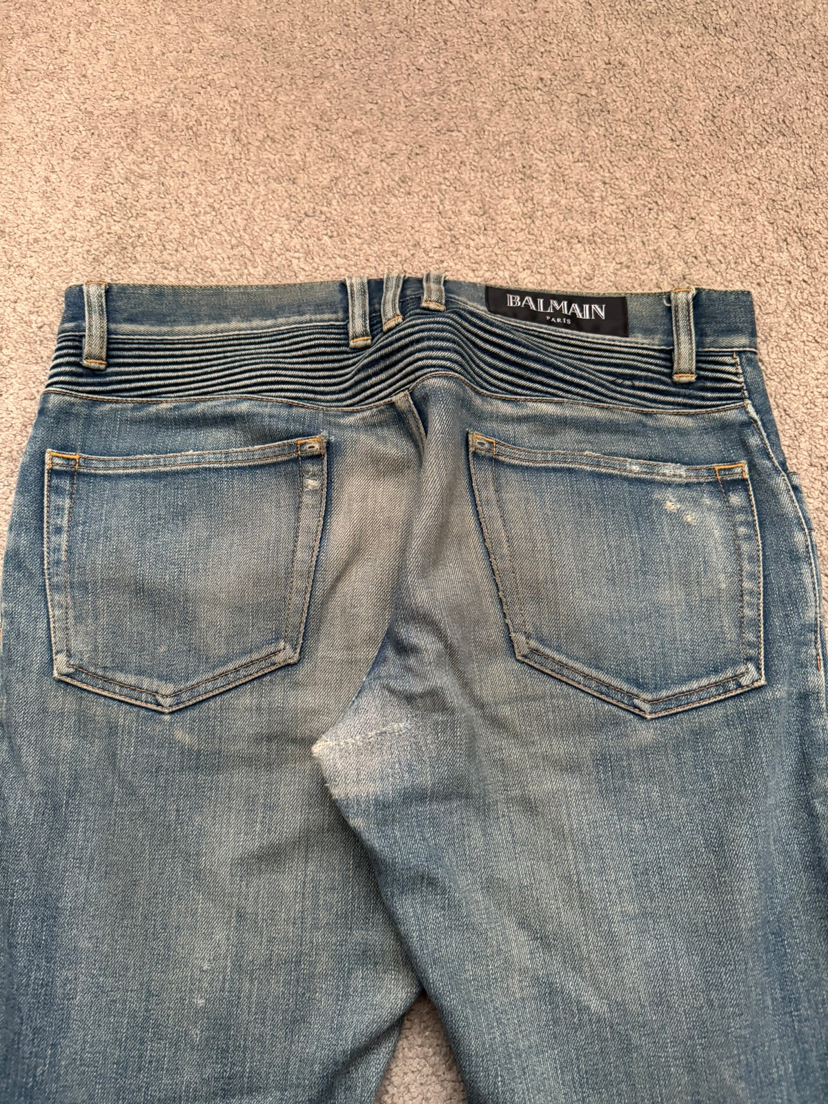 FW14 Balmain by Olivier Rousteing Washed Zip Biker Denim Jeans