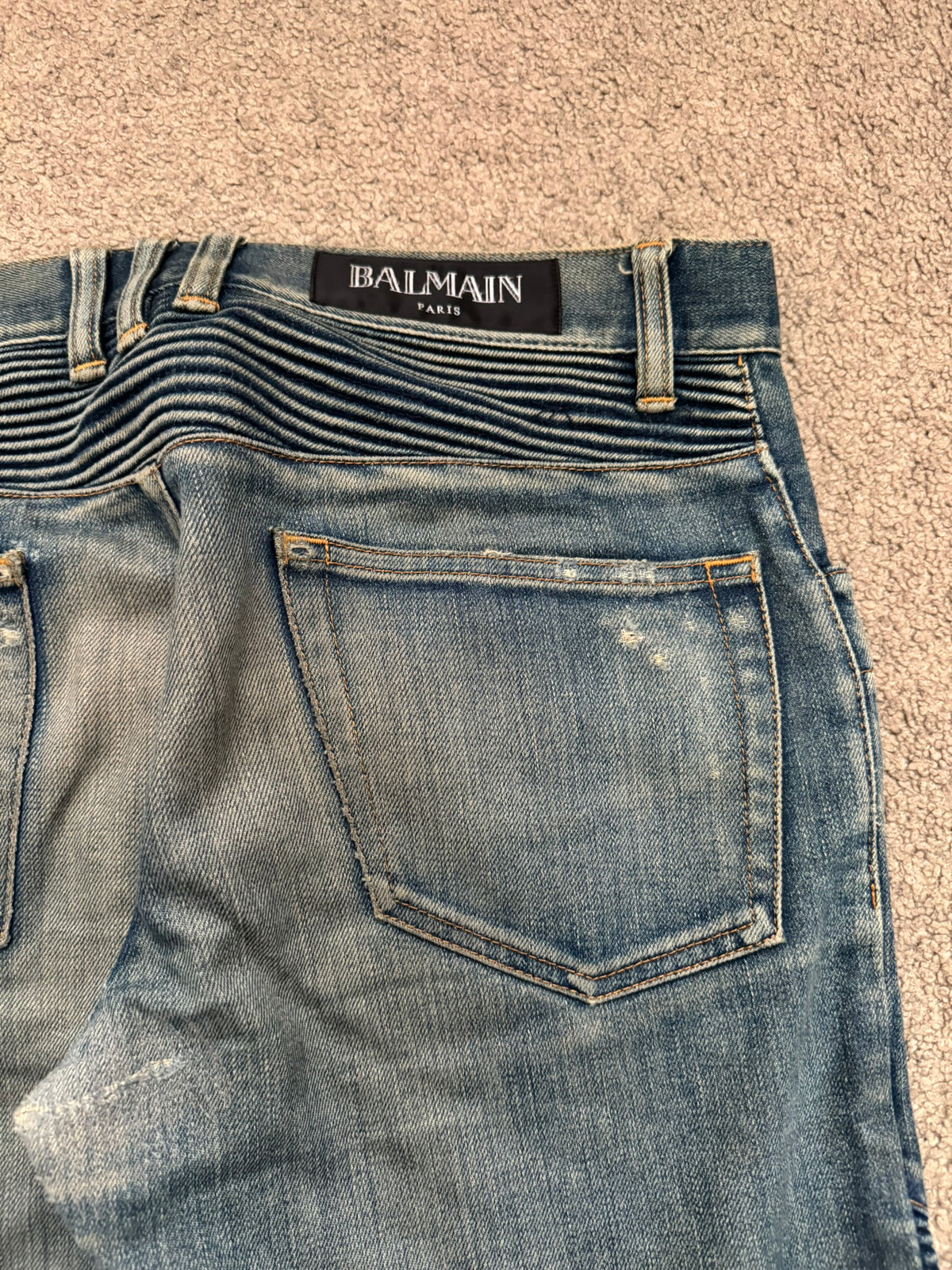 FW14 Balmain by Olivier Rousteing Washed Zip Biker Denim Jeans