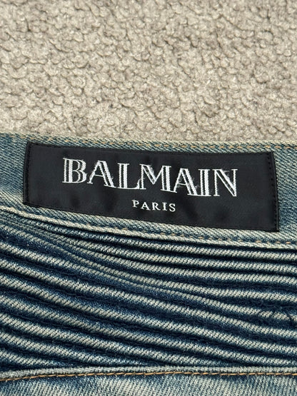 FW14 Balmain by Olivier Rousteing Washed Zip Biker Denim Jeans