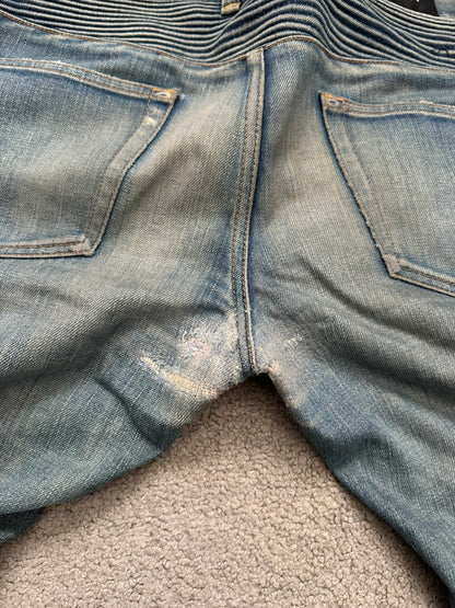 FW14 Balmain by Olivier Rousteing Washed Zip Biker Denim Jeans