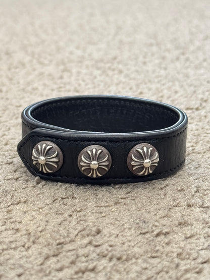 Chrome Hearts 3 Silver Cross Snap Button Black Leather Bracelet