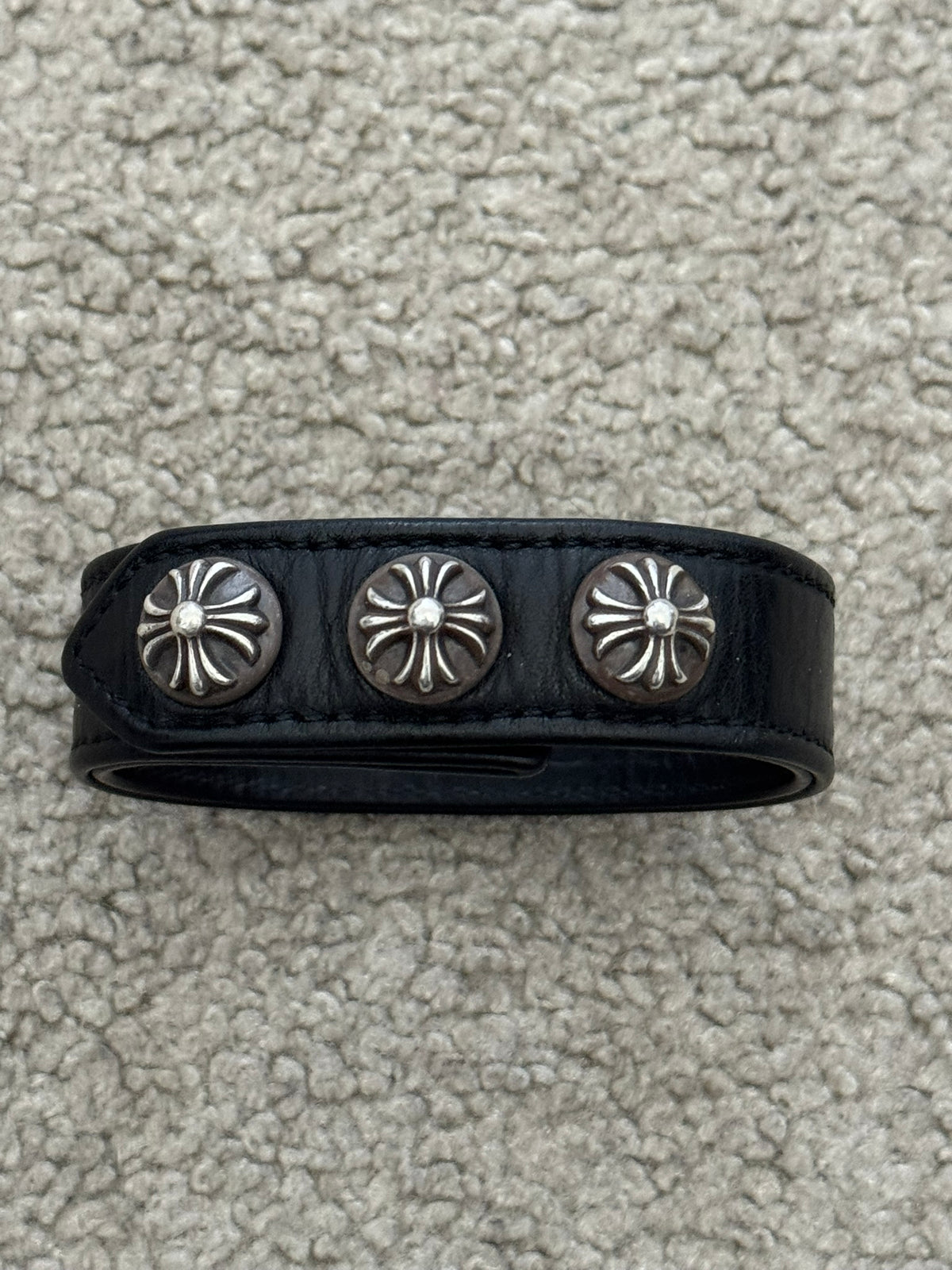Chrome Hearts 3 Silver Cross Snap Button Black Leather Bracelet