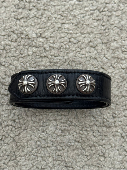 Chrome Hearts 3 Silver Cross Snap Button Black Leather Bracelet