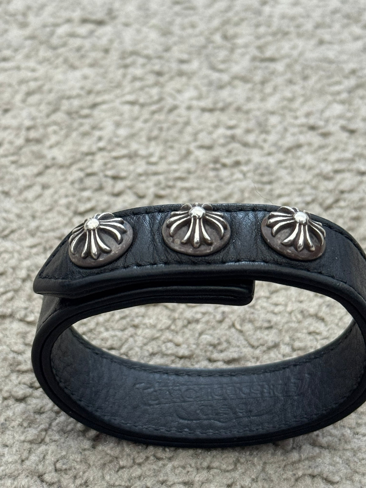Chrome Hearts 3 Silver Cross Snap Button Black Leather Bracelet