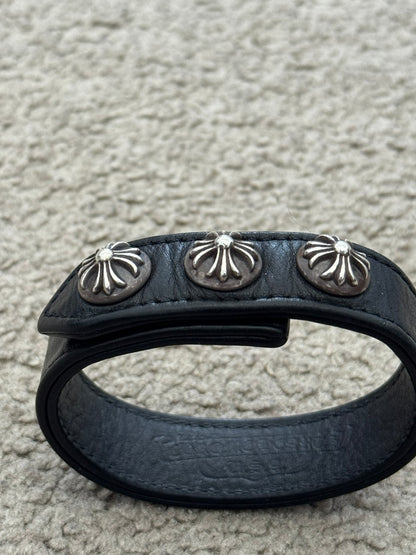 Chrome Hearts 3 Silver Cross Snap Button Black Leather Bracelet