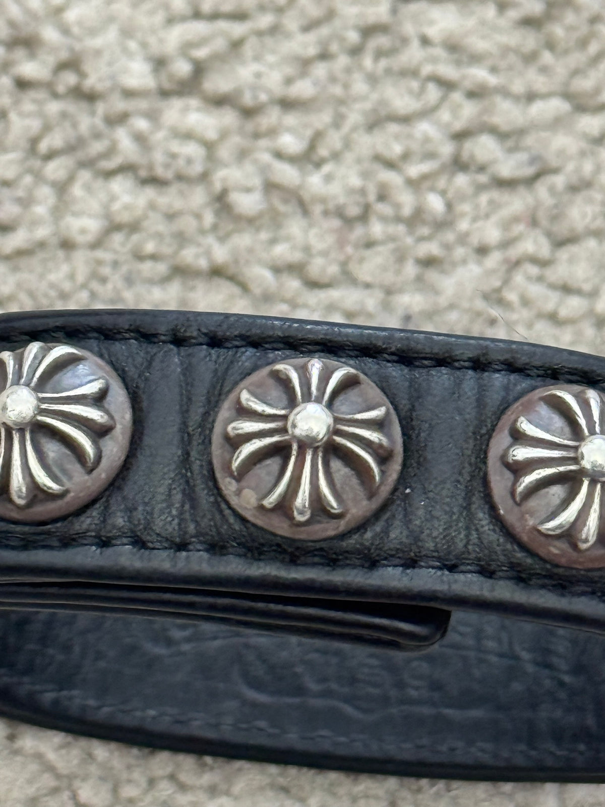 Chrome Hearts 3 Silver Cross Snap Button Black Leather Bracelet