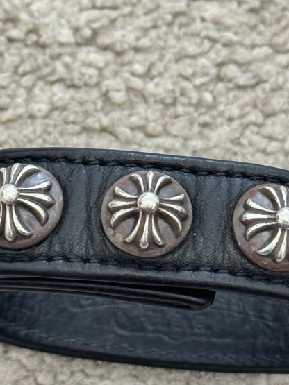 Chrome Hearts 3 Silver Cross Snap Button Black Leather Bracelet