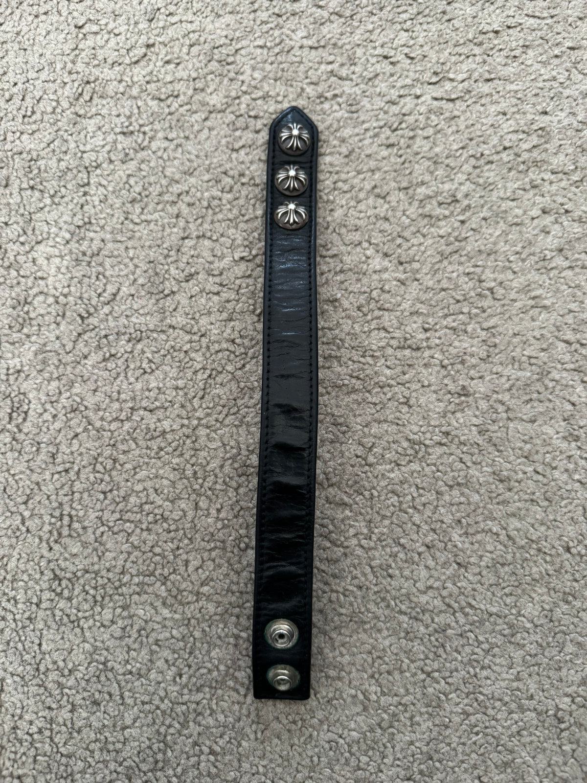 Chrome Hearts 3 Silver Cross Snap Button Black Leather Bracelet
