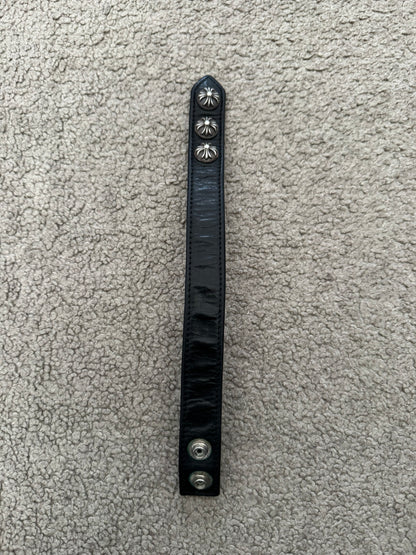 Chrome Hearts 3 Silver Cross Snap Button Black Leather Bracelet