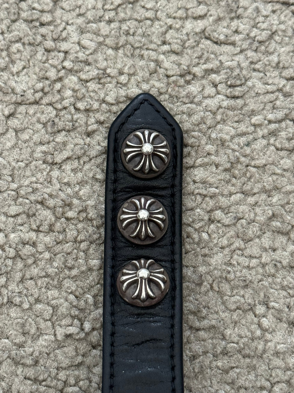 Chrome Hearts 3 Silver Cross Snap Button Black Leather Bracelet
