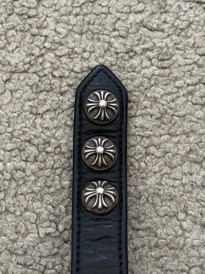 Chrome Hearts 3 Silver Cross Snap Button Black Leather Bracelet