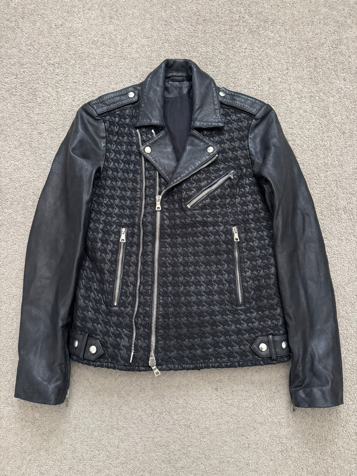 SS14 Balmain by Olivier Rousteing Houndstooth Biker Leather Jacket