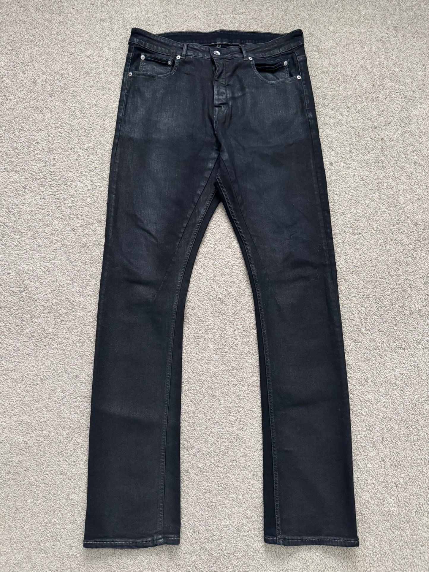 SS20 Rick Owens DRKSHDW Black Waxed Detroit Cut Denim Jeans
