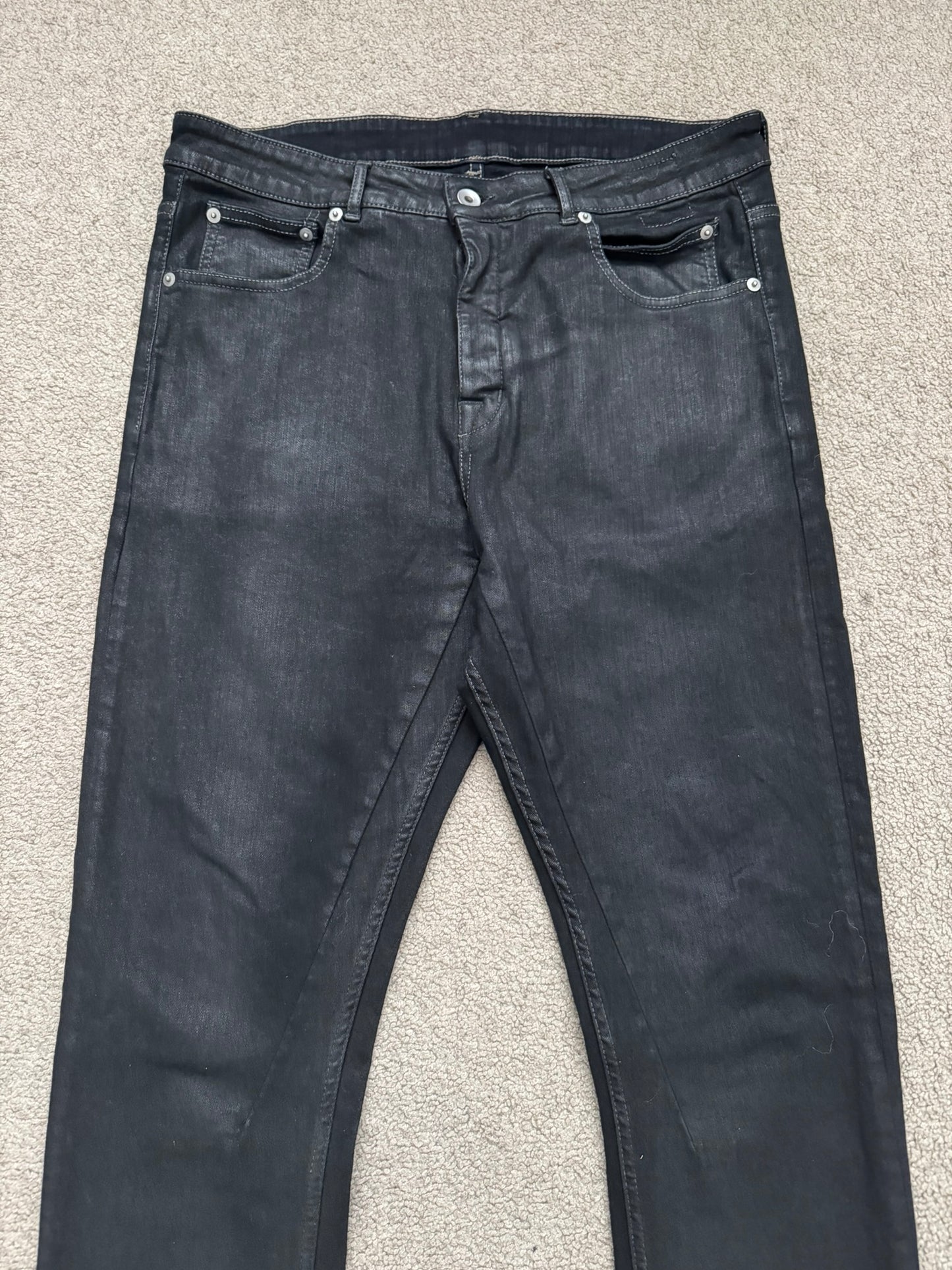 SS20 Rick Owens DRKSHDW Black Waxed Detroit Cut Denim Jeans