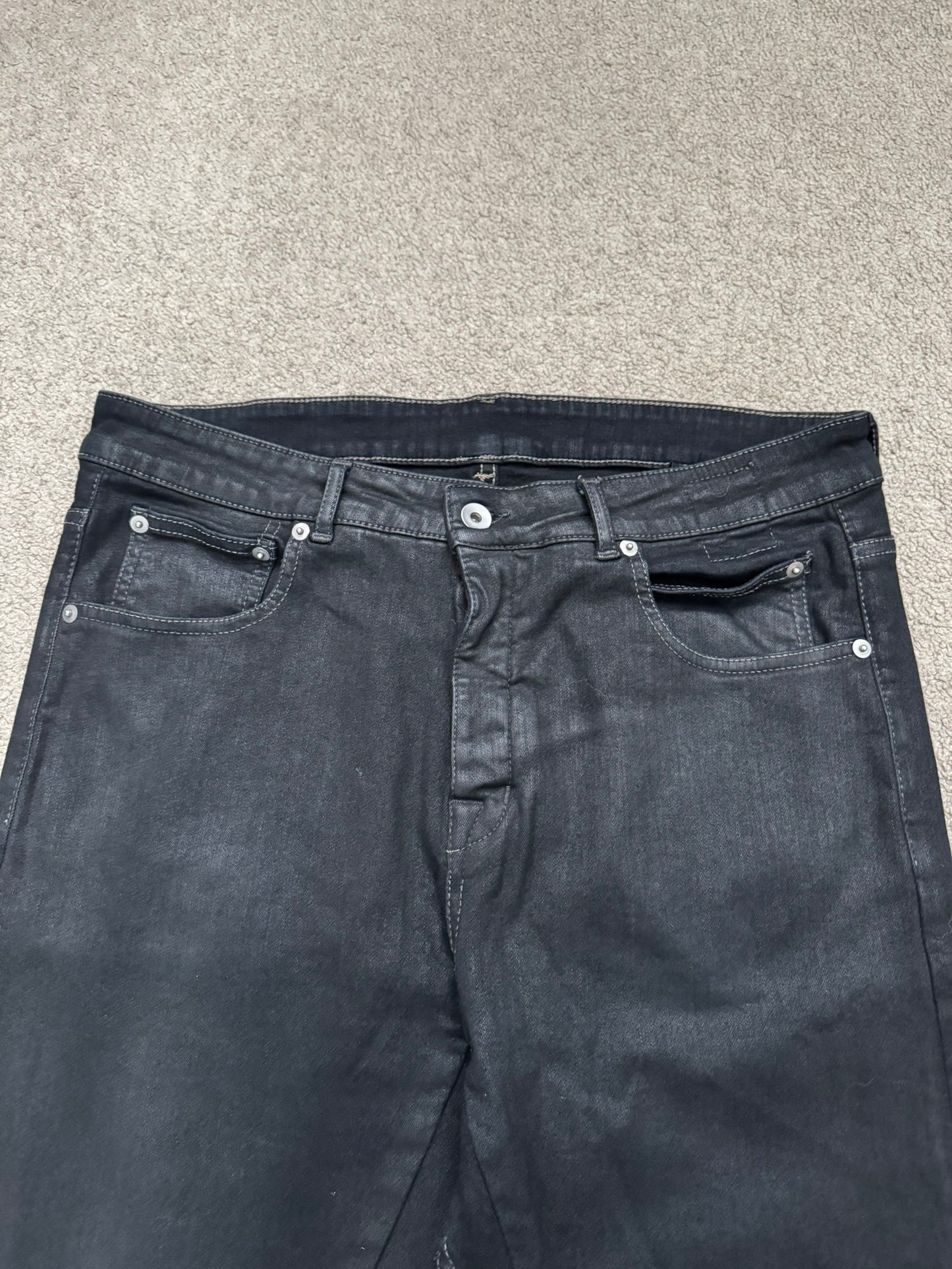 SS20 Rick Owens DRKSHDW Black Waxed Detroit Cut Denim Jeans