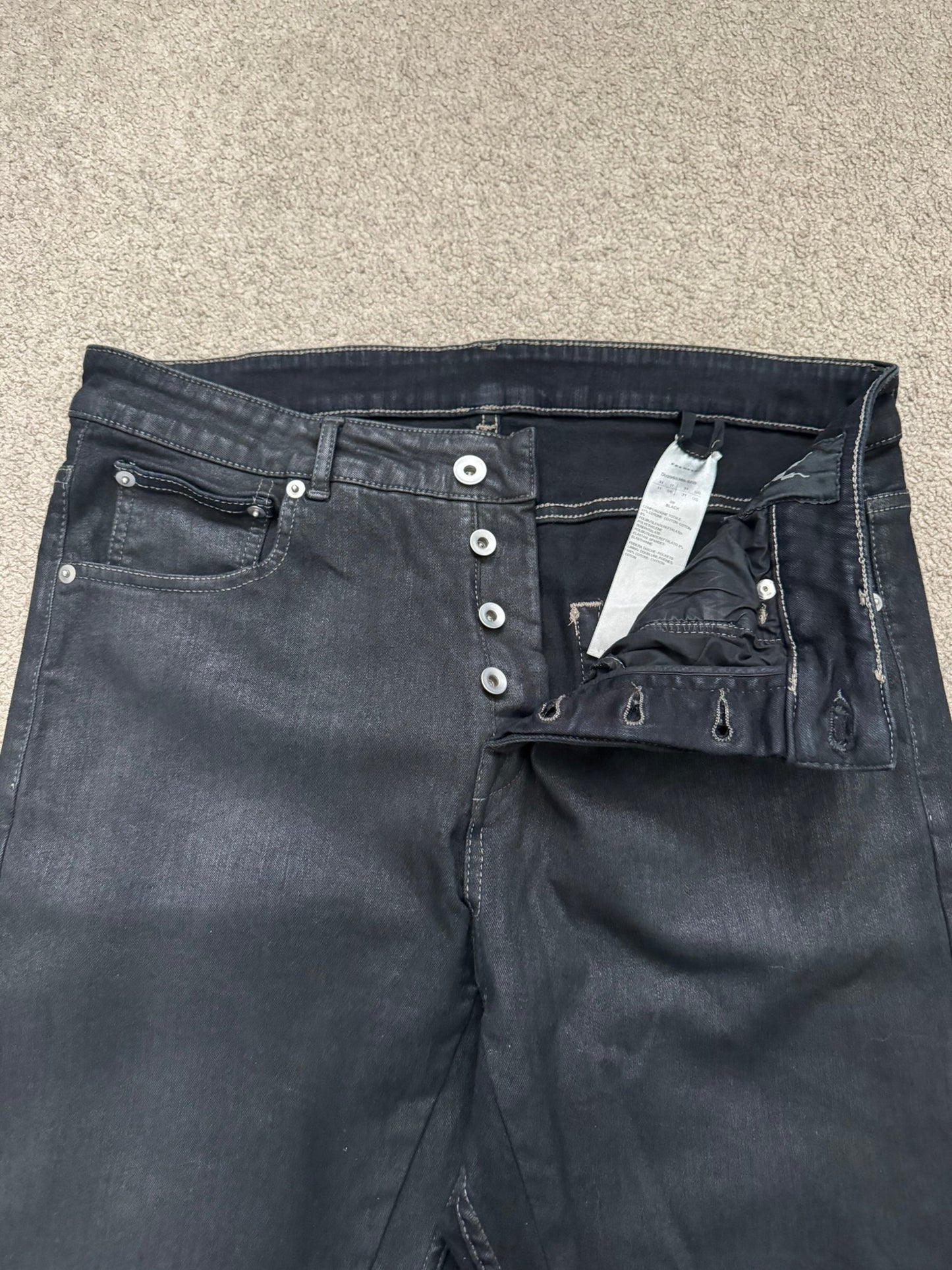 SS20 Rick Owens DRKSHDW Black Waxed Detroit Cut Denim Jeans