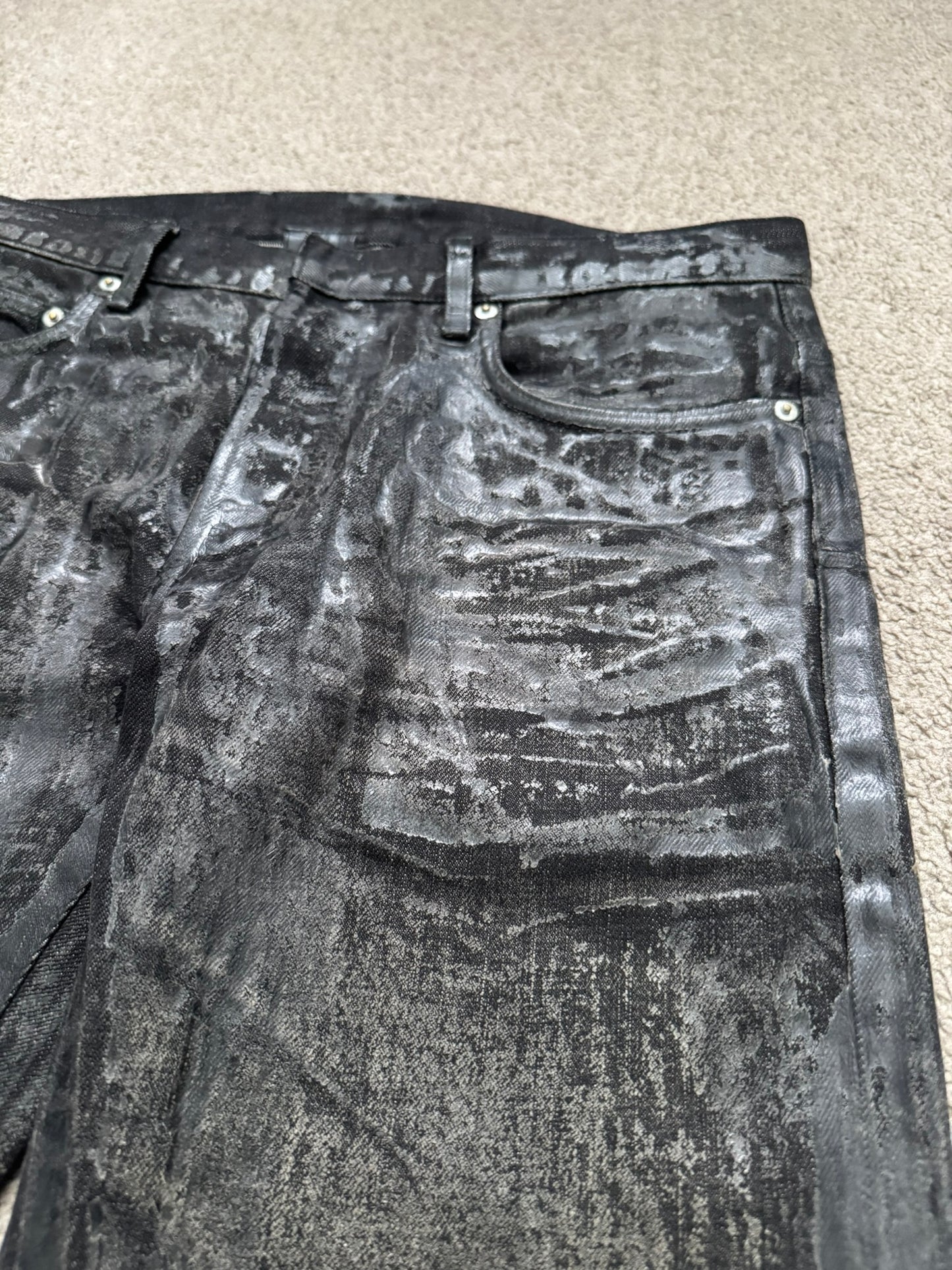 AW08 Dior Homme “Luster” Black Waxed Clawmark Denim Jeans