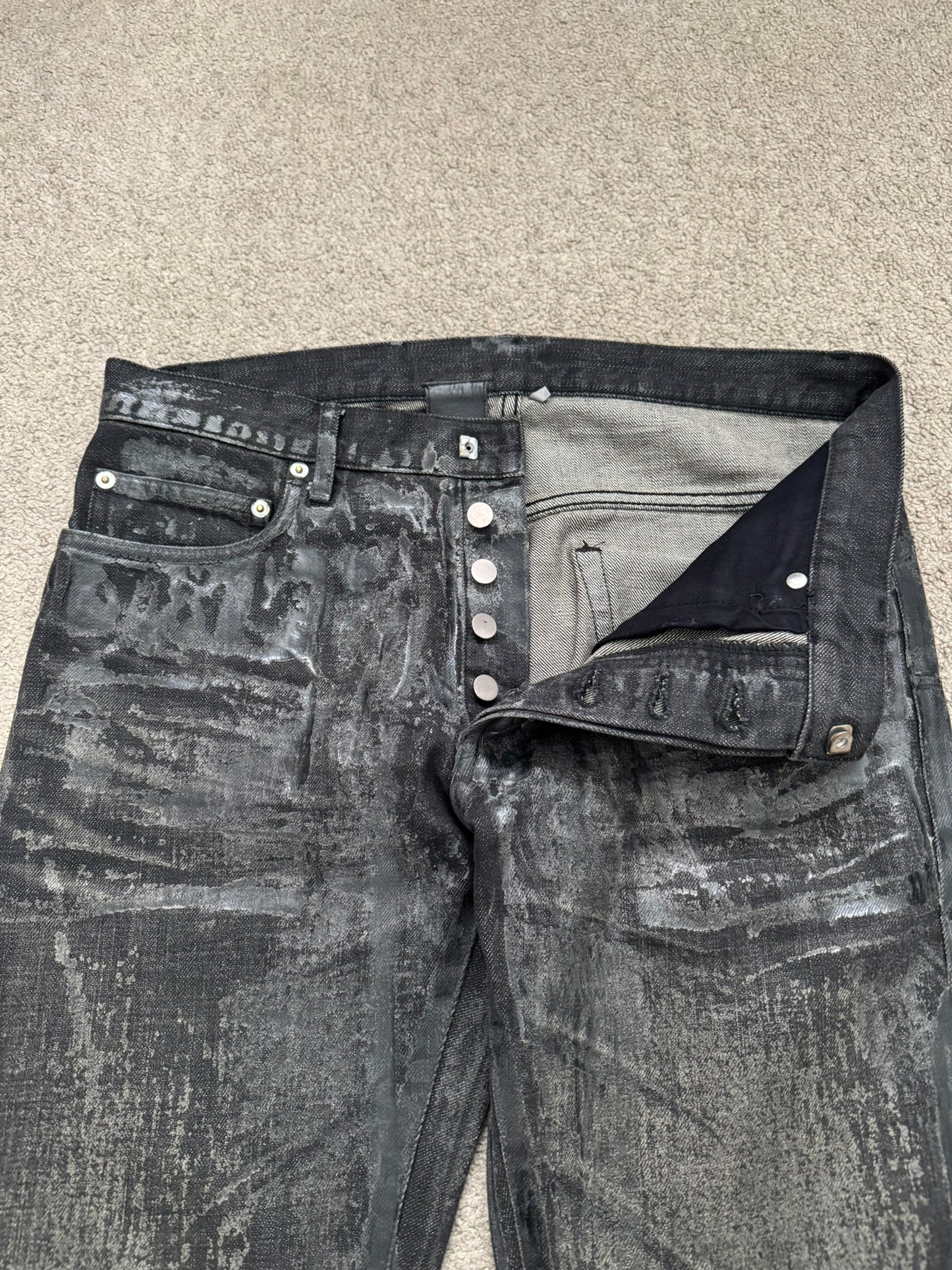 AW08 Dior Homme “Luster” Black Waxed Clawmark Denim Jeans