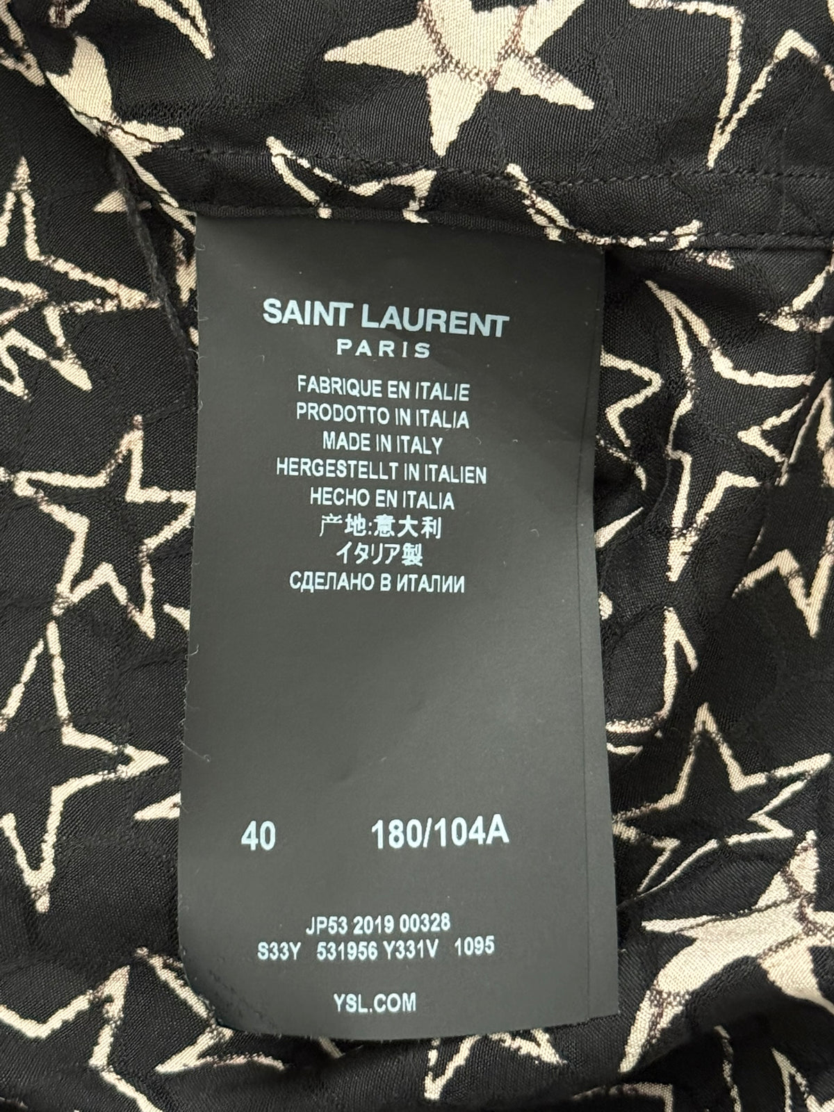 SS19 Saint Laurent Paris Star Pattern Silk Camp Short Sleeve Button Shirt