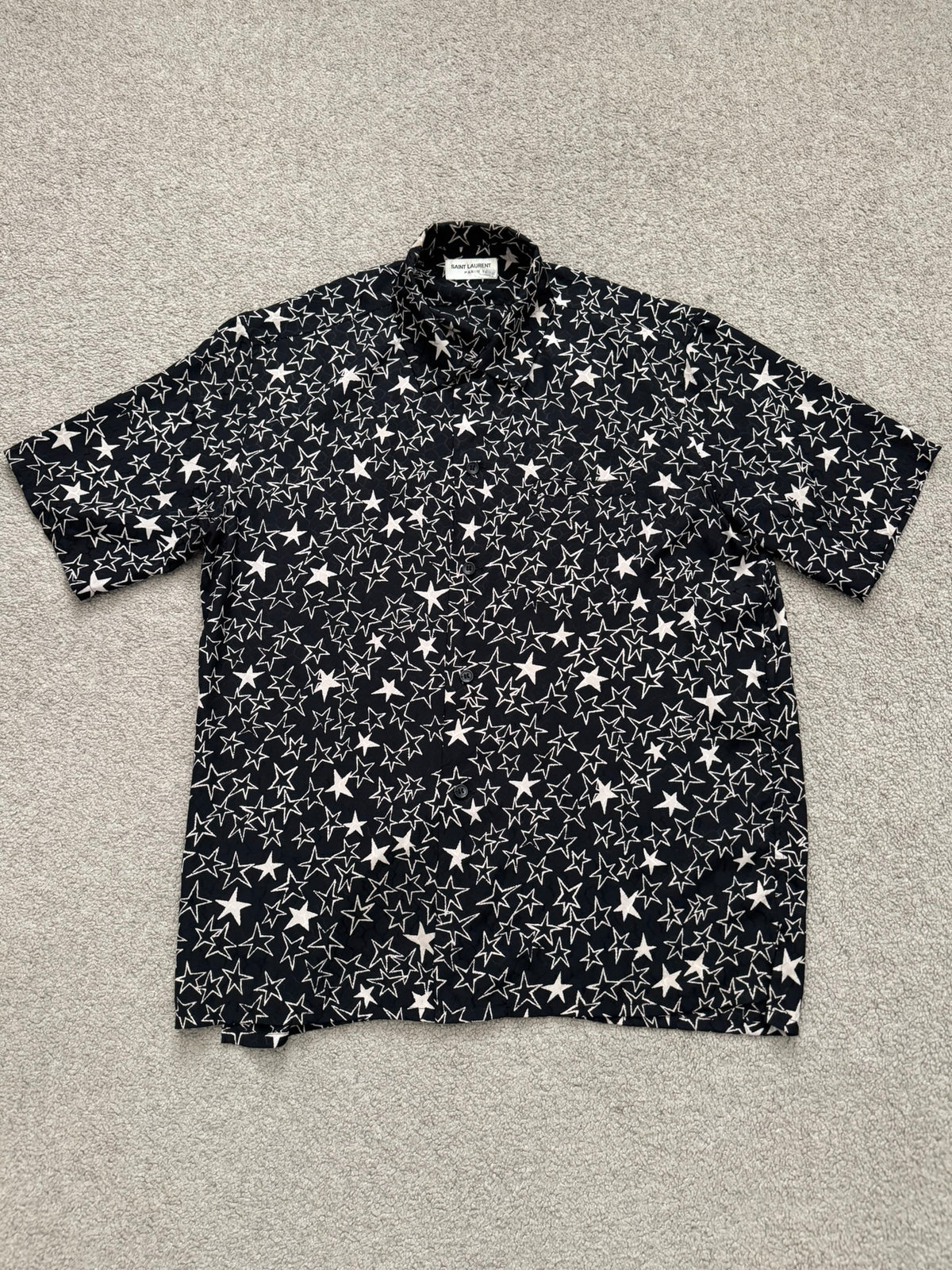 SS19 Saint Laurent Paris Star Pattern Silk Camp Short Sleeve Button Shirt