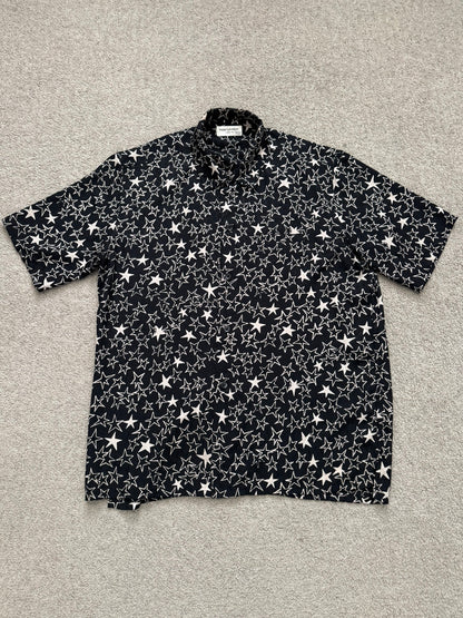 SS19 Saint Laurent Paris Star Pattern Silk Camp Short Sleeve Button Shirt