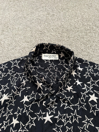 SS19 Saint Laurent Paris Star Pattern Silk Camp Short Sleeve Button Shirt