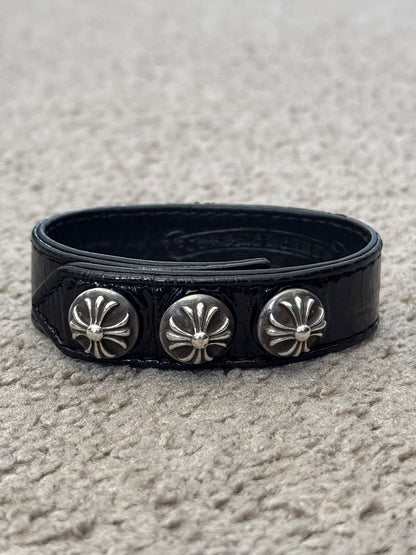 Chrome Hearts 3 Silver Cross Snap Button Patent Leather Bracelet